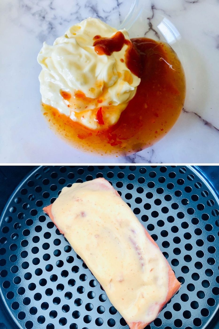 collage on how to make bang bang salmon in air fryer