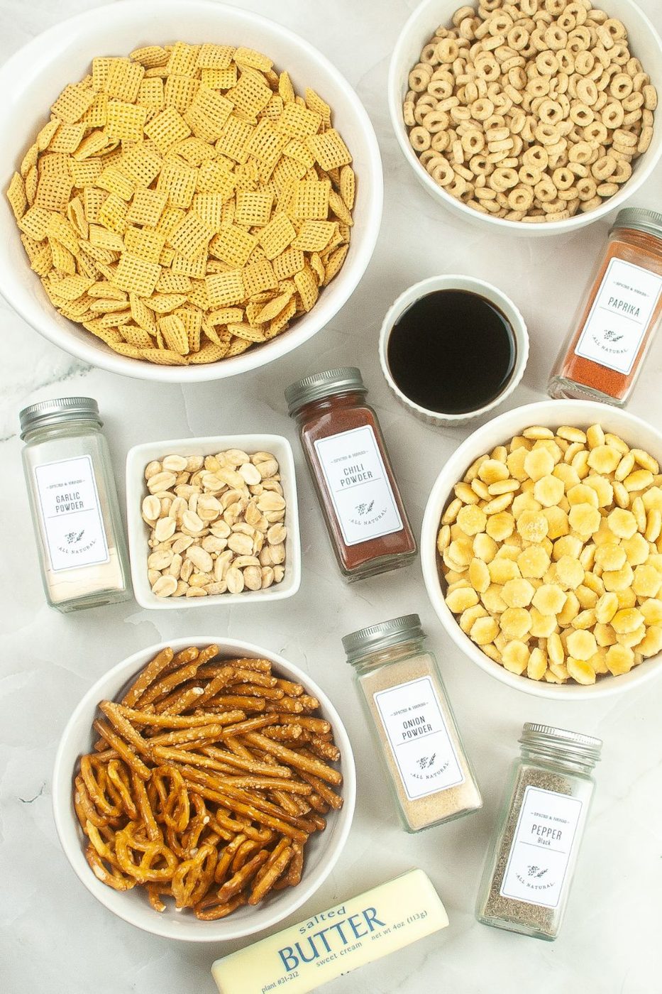 ingredients for chex mix on table 