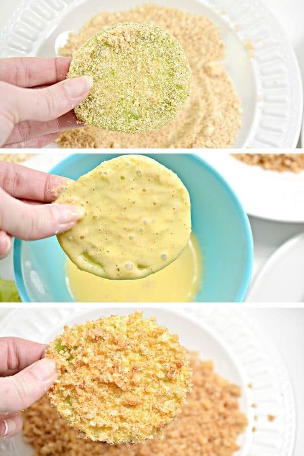 steps on how to make these green tomatoes with pork rind coating