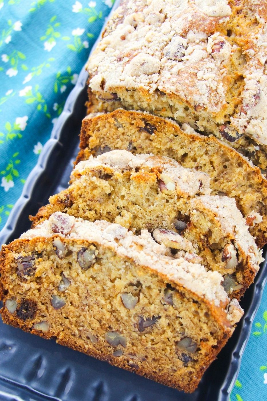 sliced banana bread on platter
