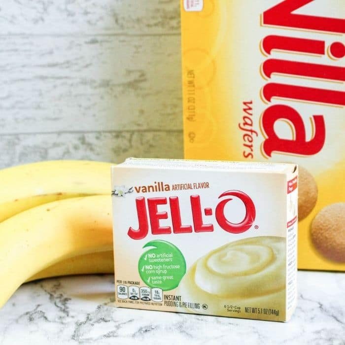 vanilla wafer box, Jello box, and bananas on counter