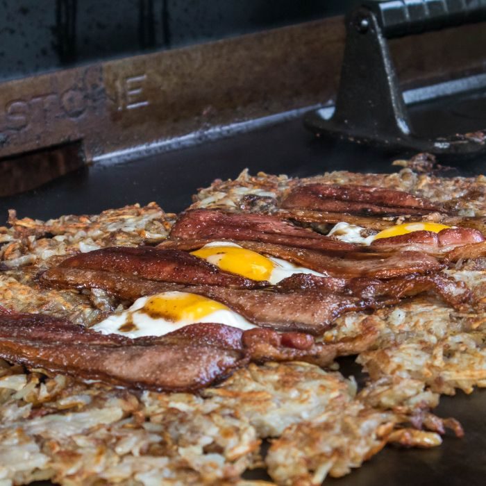 Blackstone Loaded Hashbrowns, plus bacon and eggs