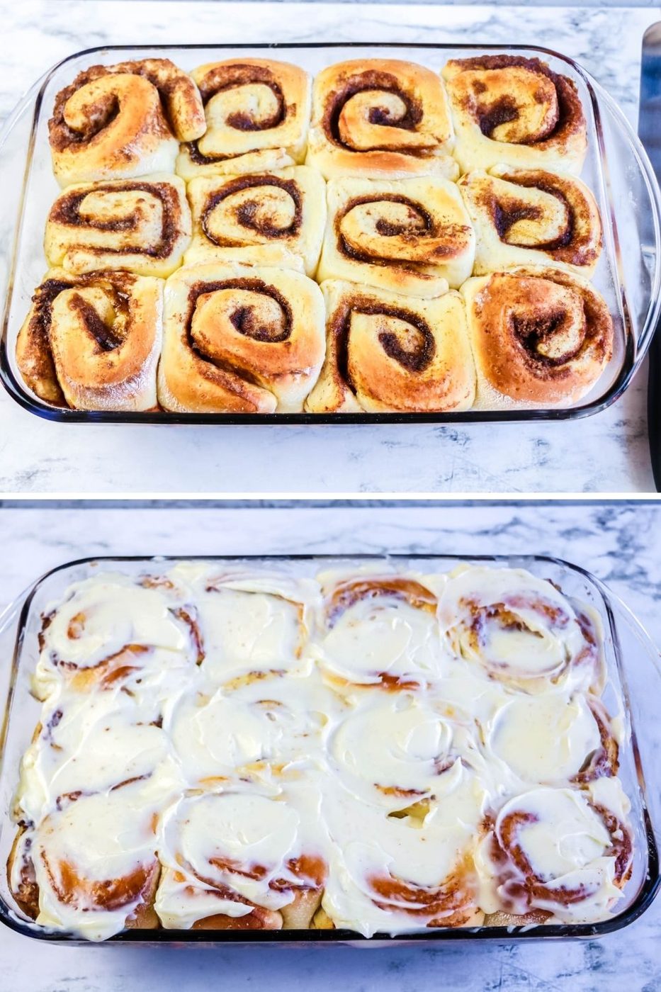 two pictures of cinnamon rolls done in pan and then image frosting 