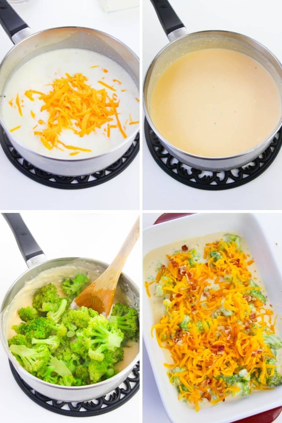 collage on how to make cheese sauce and assemble broccoli