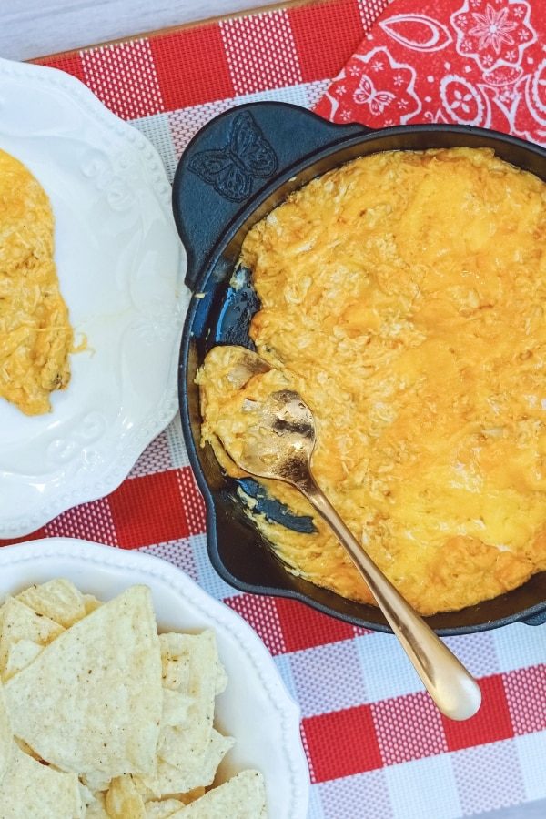 easy buffalo chicken dip in pan with spoon covered in dip