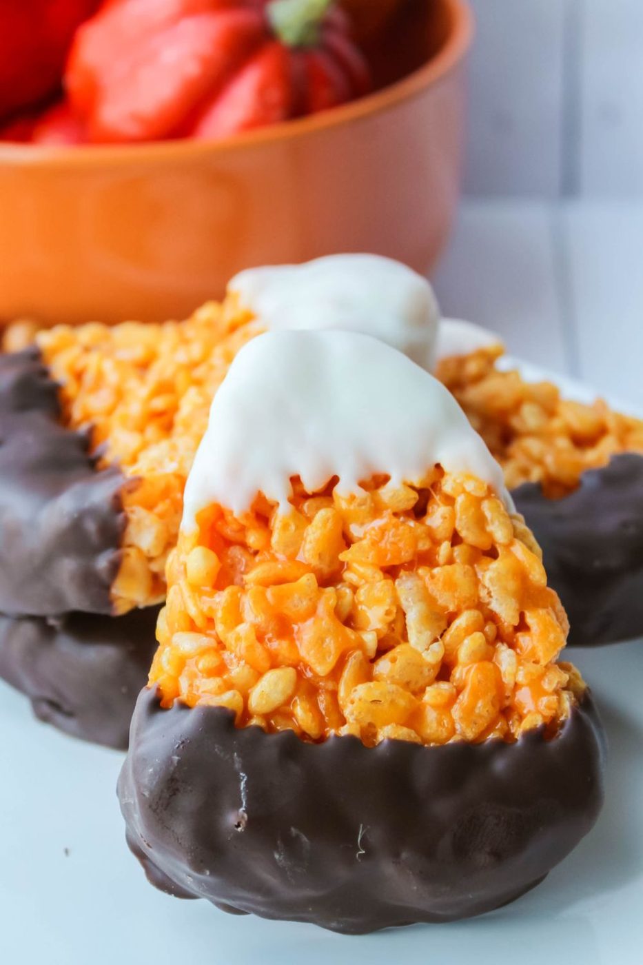 rice krispie candy corn treats on marble counter 