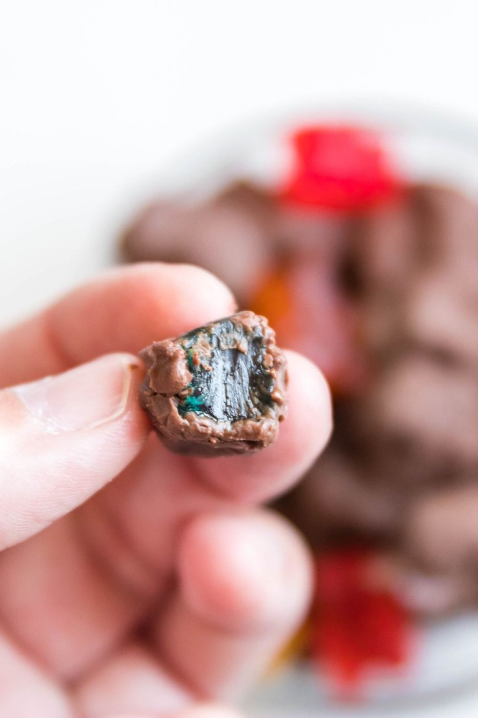 chocolate gummy bear bit in half 