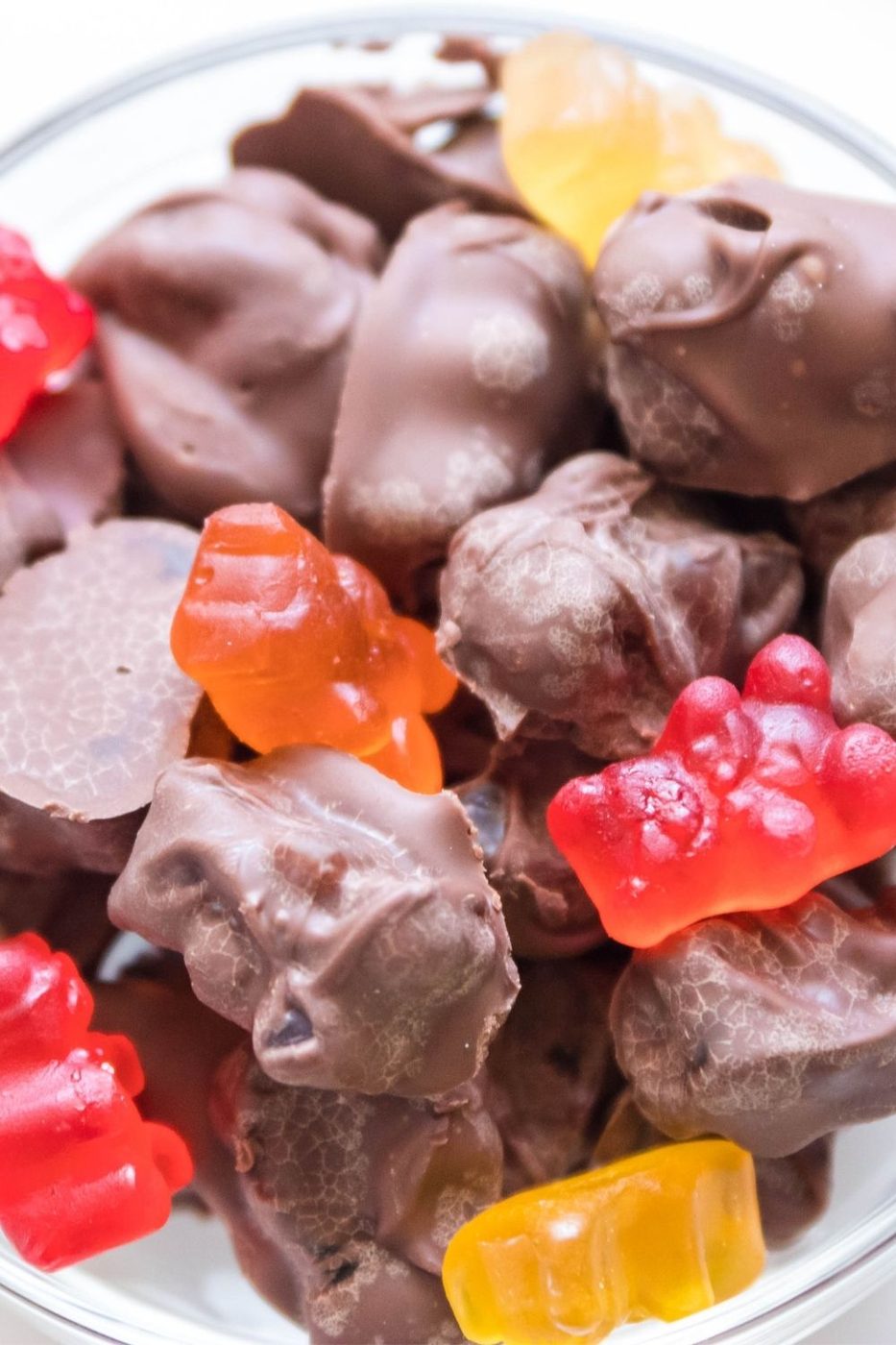 chocolate covered gummy bears in a bowl