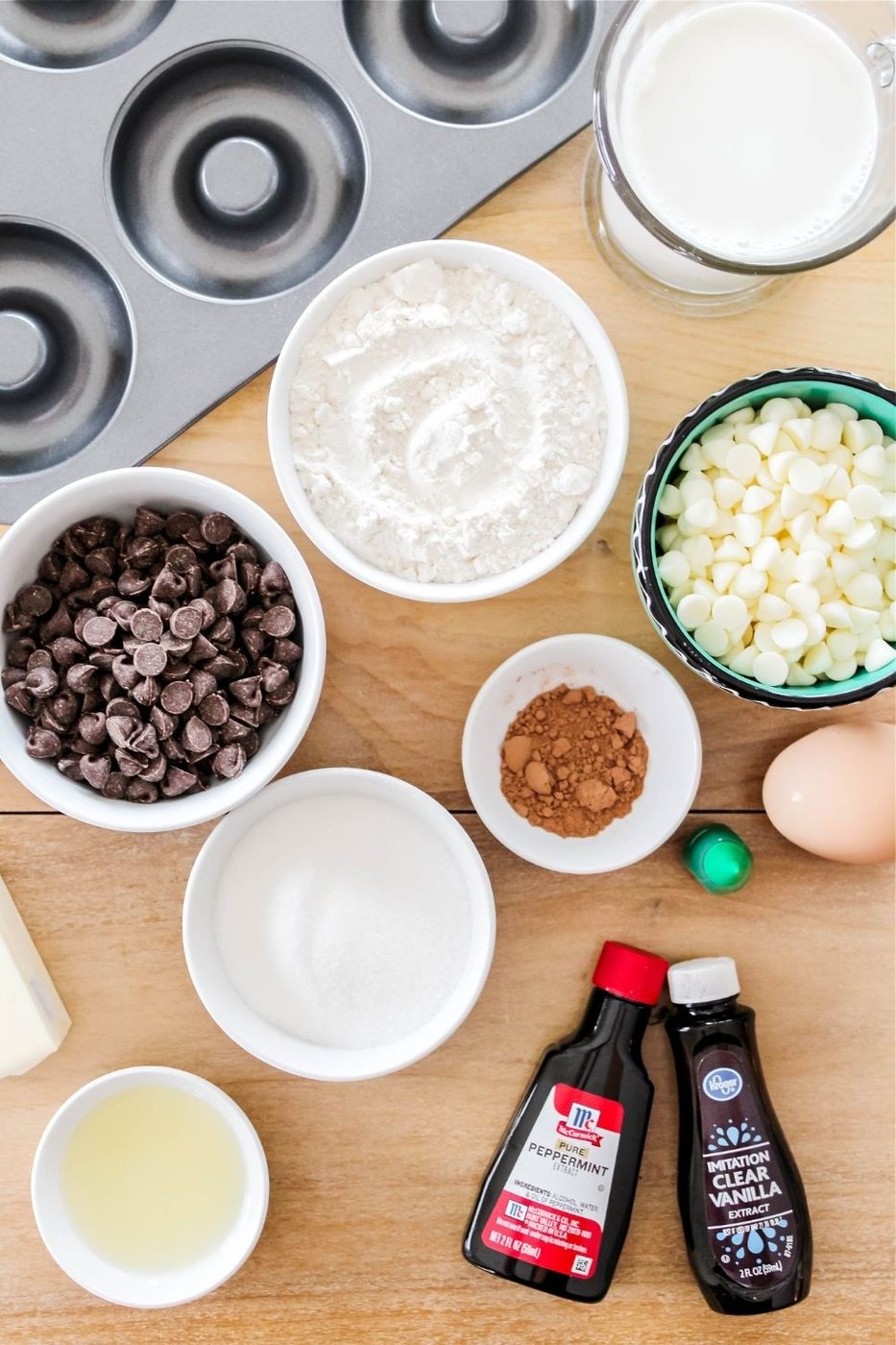 mint chocolate donuts ingredients on counter