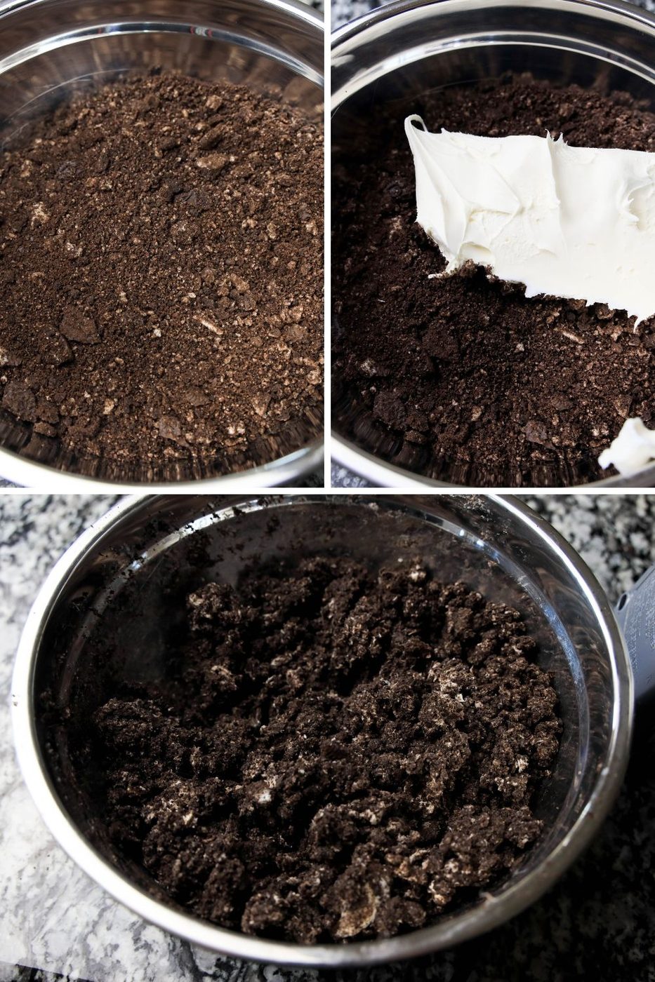 collage on how to crush and make Oreo cookie balls 