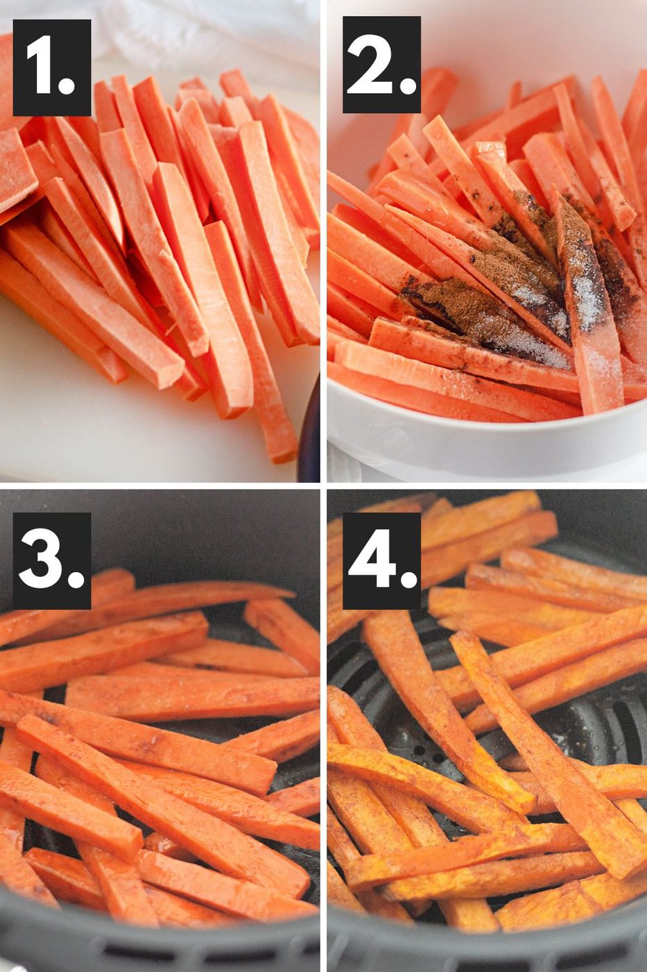 collage of showing sweet potatoes diced for fries, seasoned in a bowl and spread out in an air fryer basket