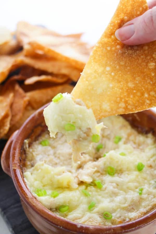Crab Rangoon Dip, plus wonton chips, hot crab dip