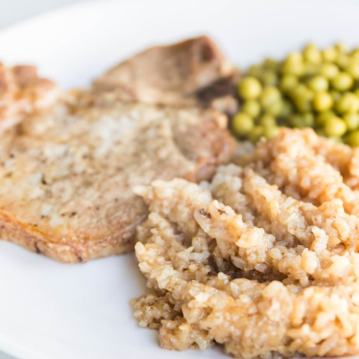 Baked Pork Chops and Rice, one-pan dinner