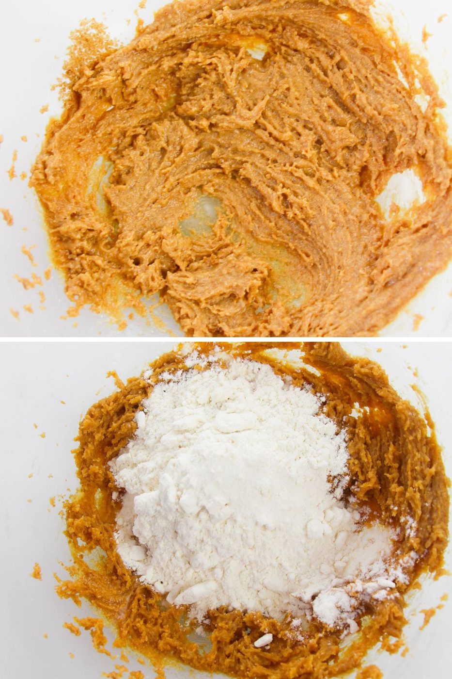 peanut butter in a bowl creamed with sugar, and second image is flour in bowl 