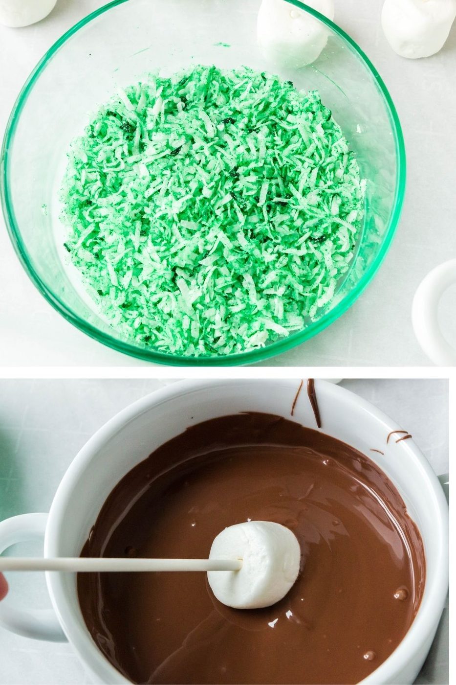 steps to making colored coconut and dipping marshmallow in chocolate 