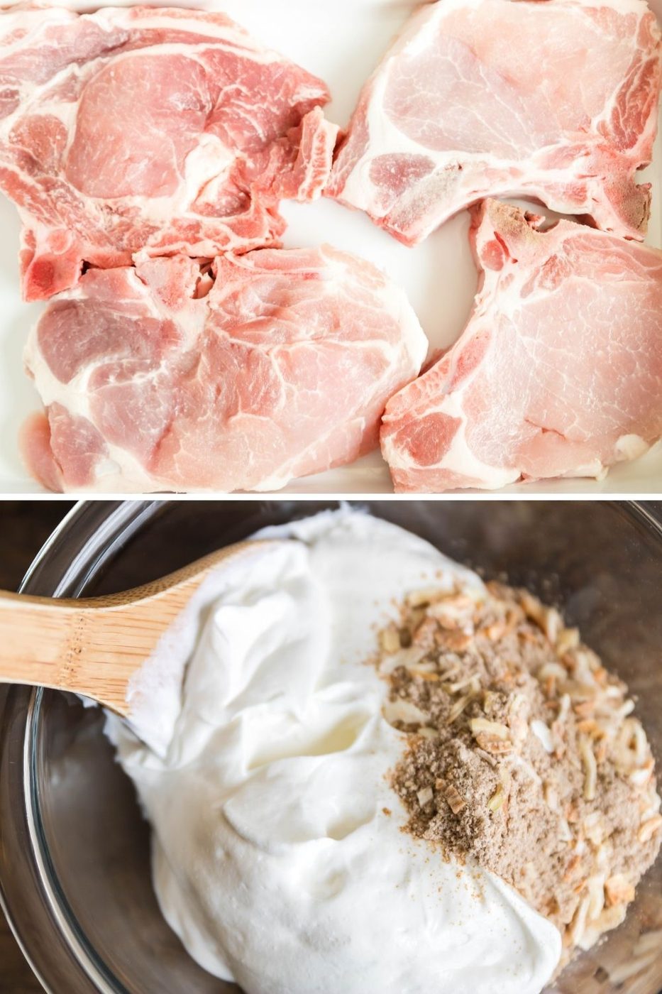 pork chops and soup mixture in bowl in collage image