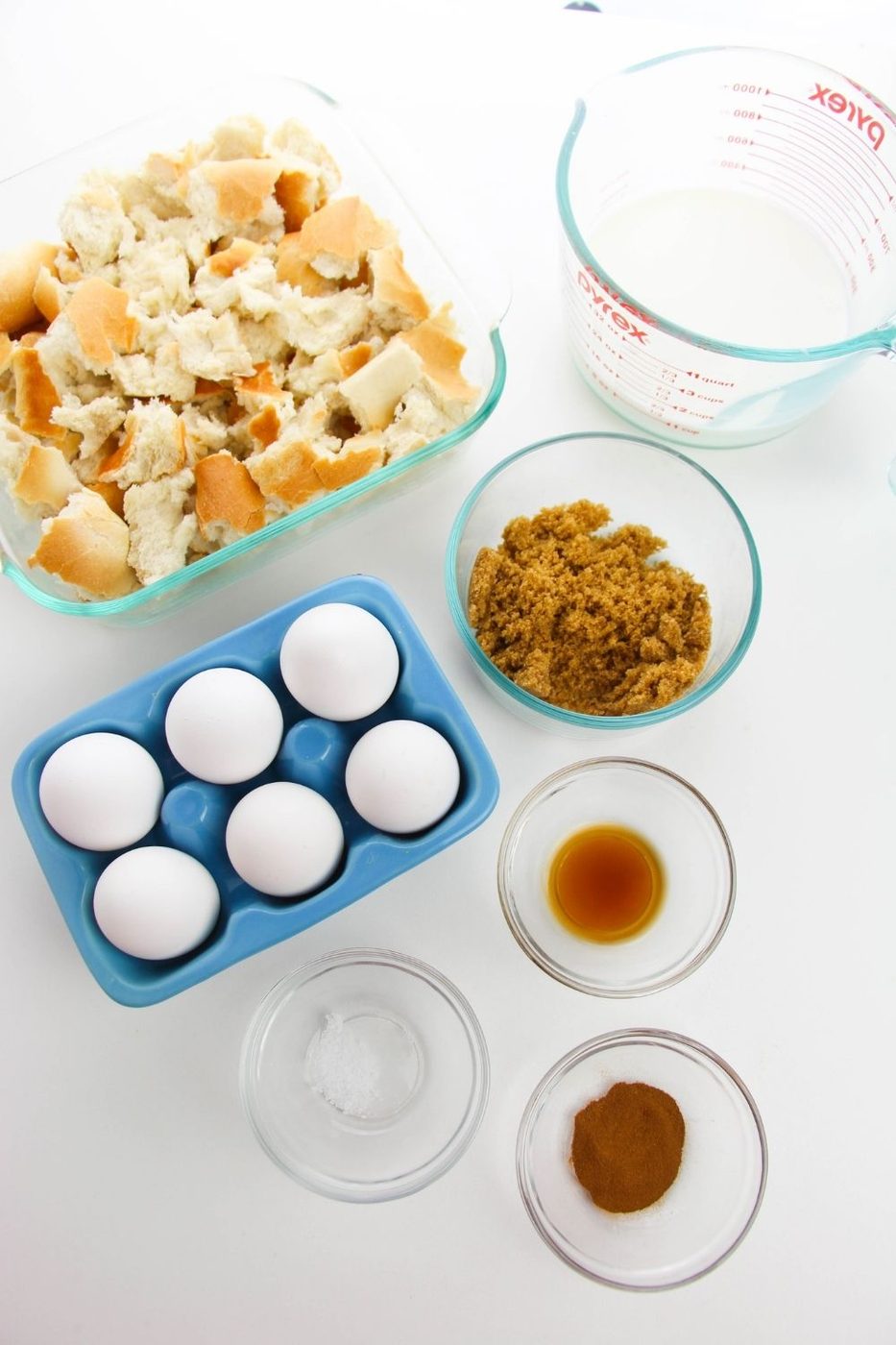 ingredients for French toast bake on white table 