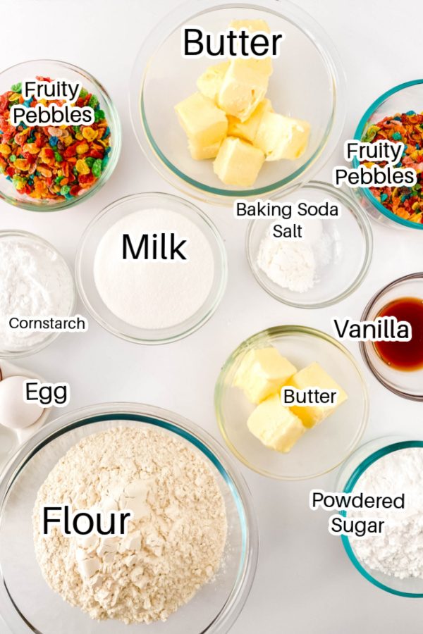 ingredients for fruity pebble cookies on white counter 