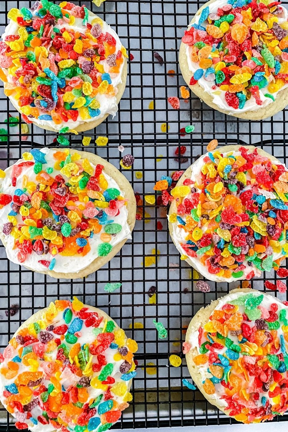 overhead shot of jumbo fruity cookies on cooling rack