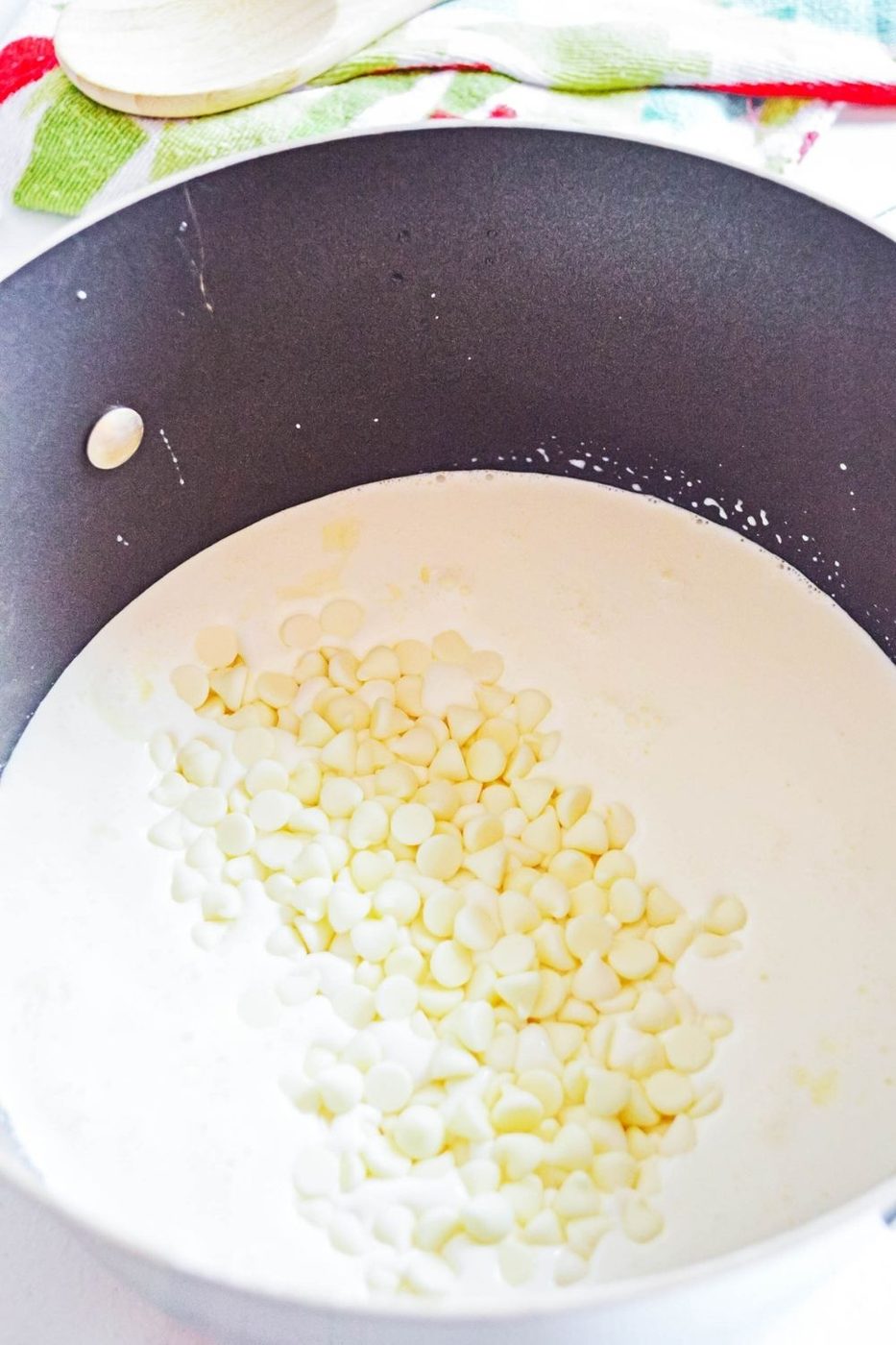 white chocolate chips in a pan