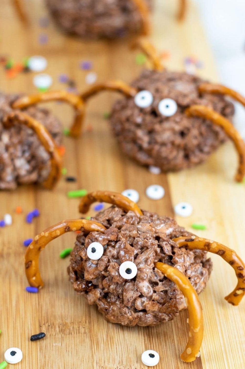 side view of a chocolate rice krispies treat spider 