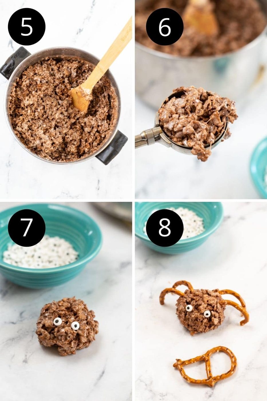 picture collage on how to make a rice krispies treat into a spider