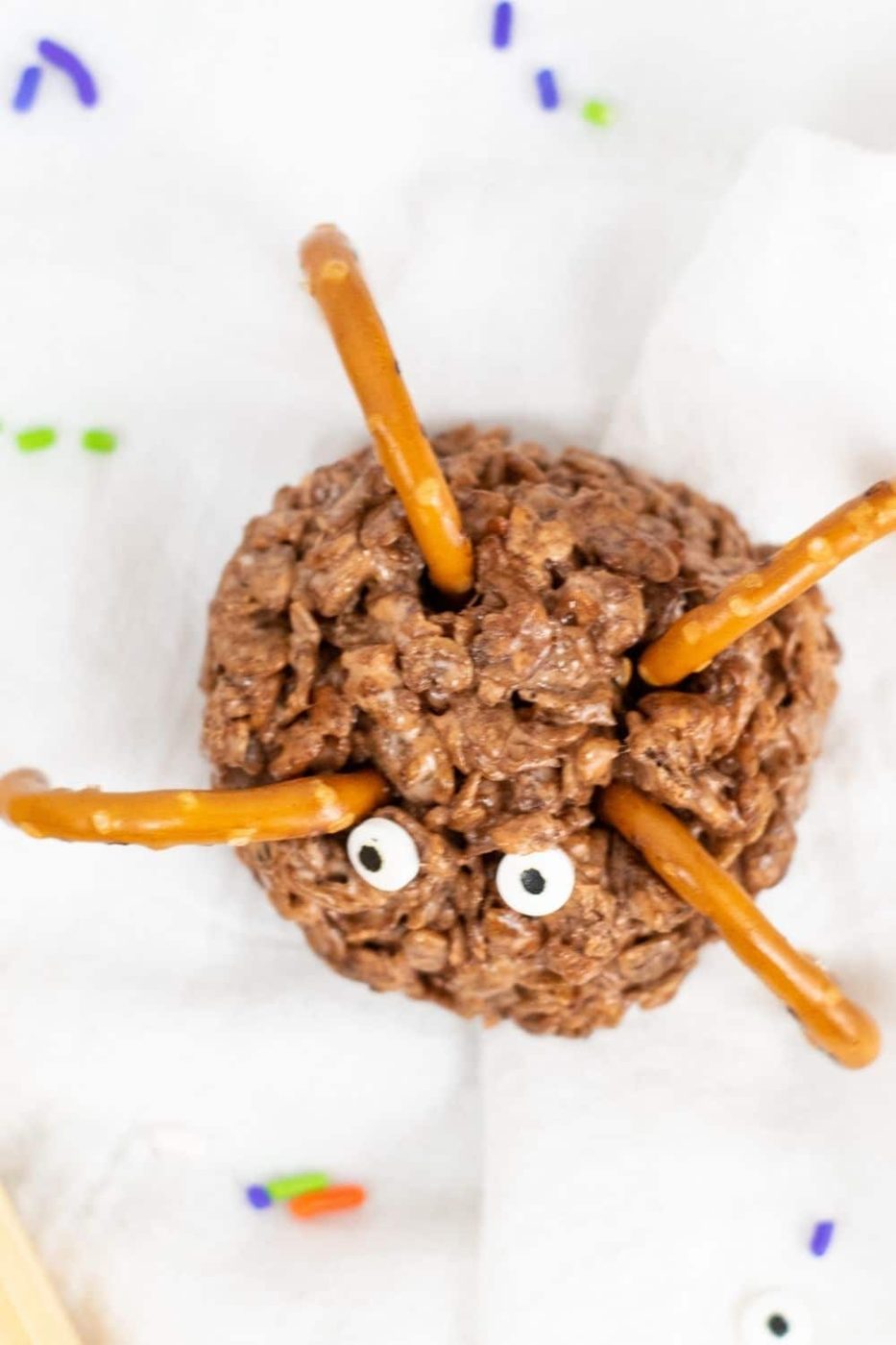 overhead shot of spider rice krispies treat on counter