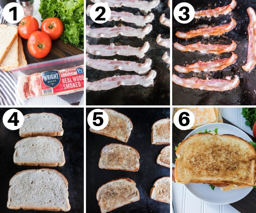 collage of showing how to make a blt sandwich on blackstone 