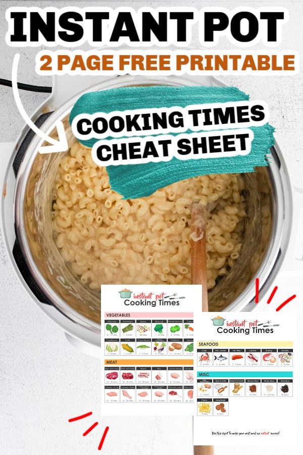 cheat sheet for instant pot with mac and cheese behind it in instant pot