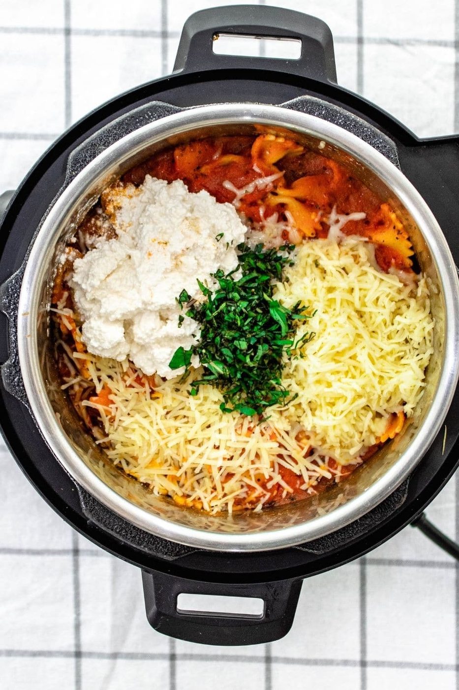 overview shot of Italian pasta in pressure cooker