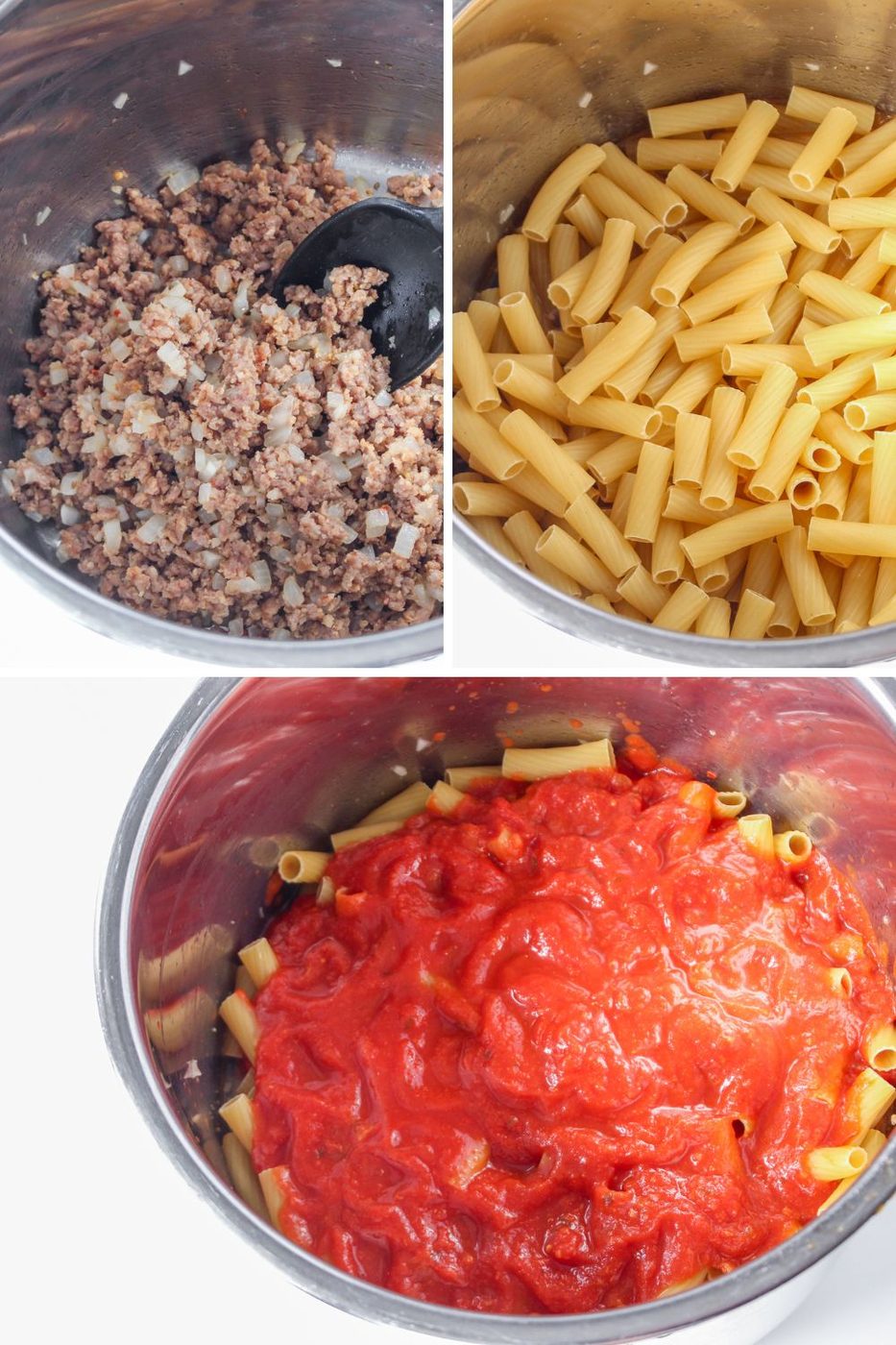 collage of how to cook sausage rigatoni in instant pot. 