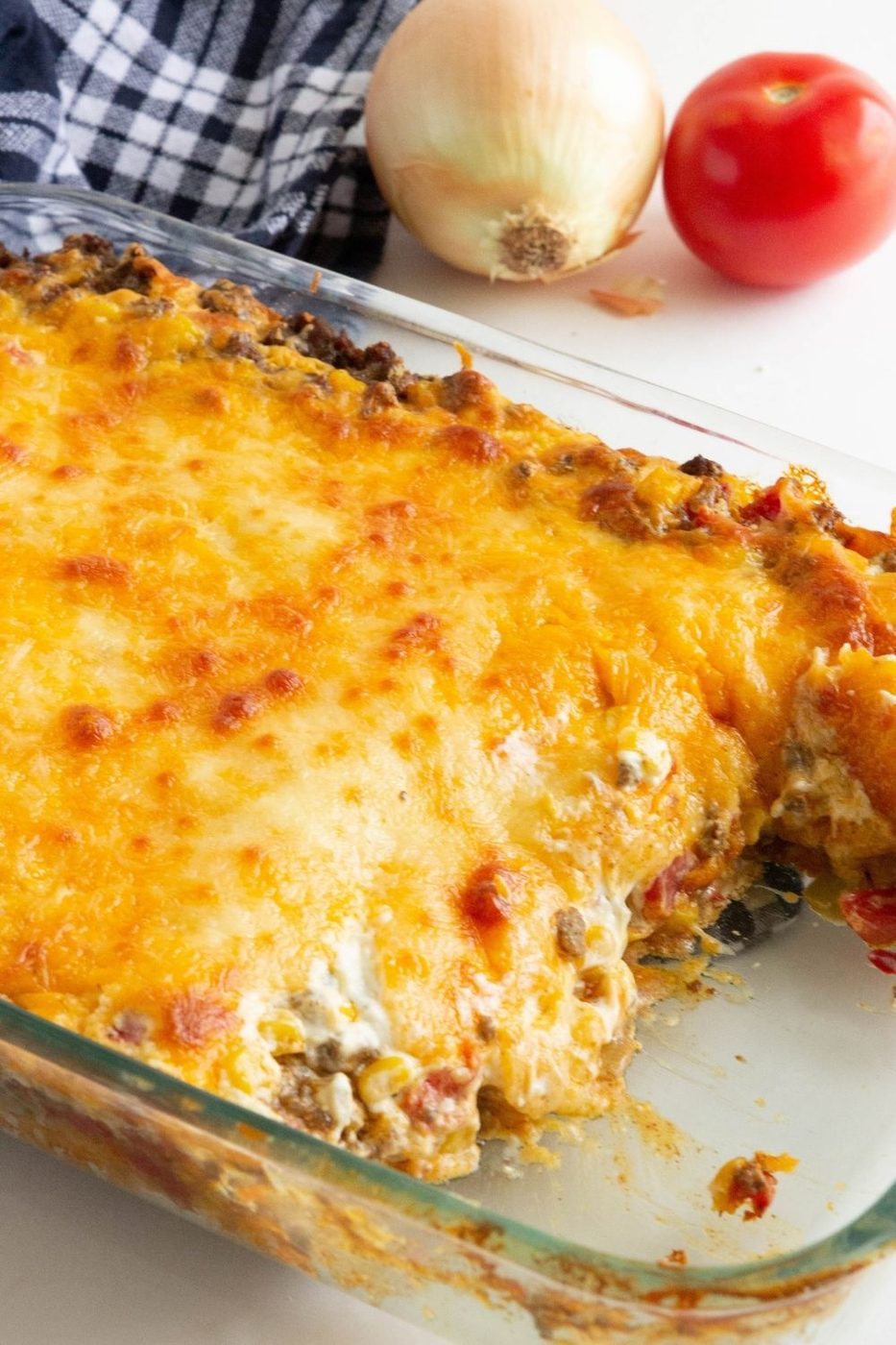 beef and biscuit casserole in pan on counter 