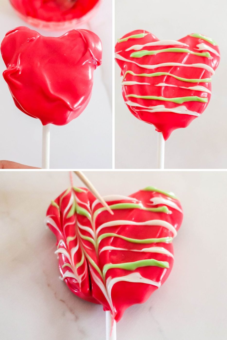 collage of showing how to make a marble look out of melted chocolate on Oreo cookies 