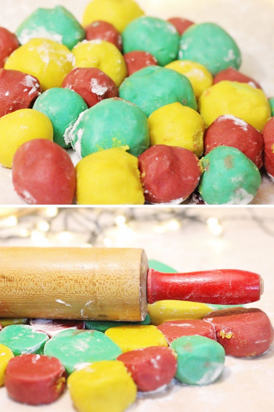 colored sugar cookie dough on balls and then rolled out sugar cookie dough on bottom image 