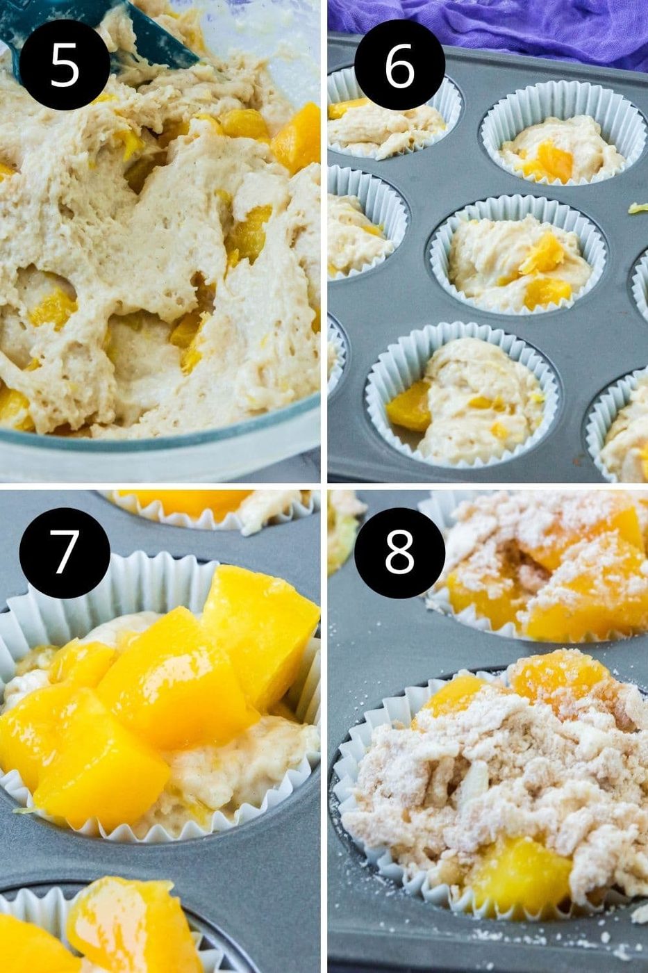 collage of peach muffin batter steps on how to make 