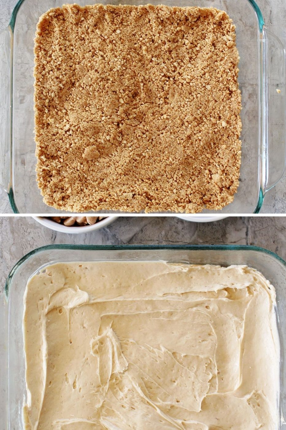 nutter butter crust in pan and bottom piture crema cheese layer on top of crust 