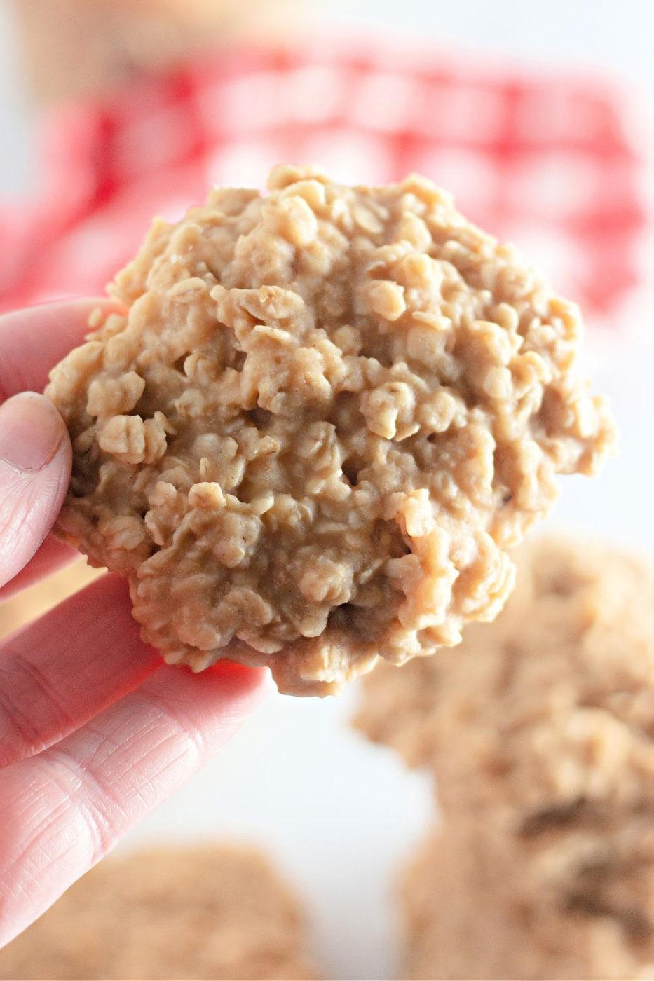 holding a peanut butter no bake cookie in hand 
