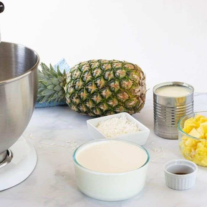 ingredients on table for pineapple coconut ice cream 