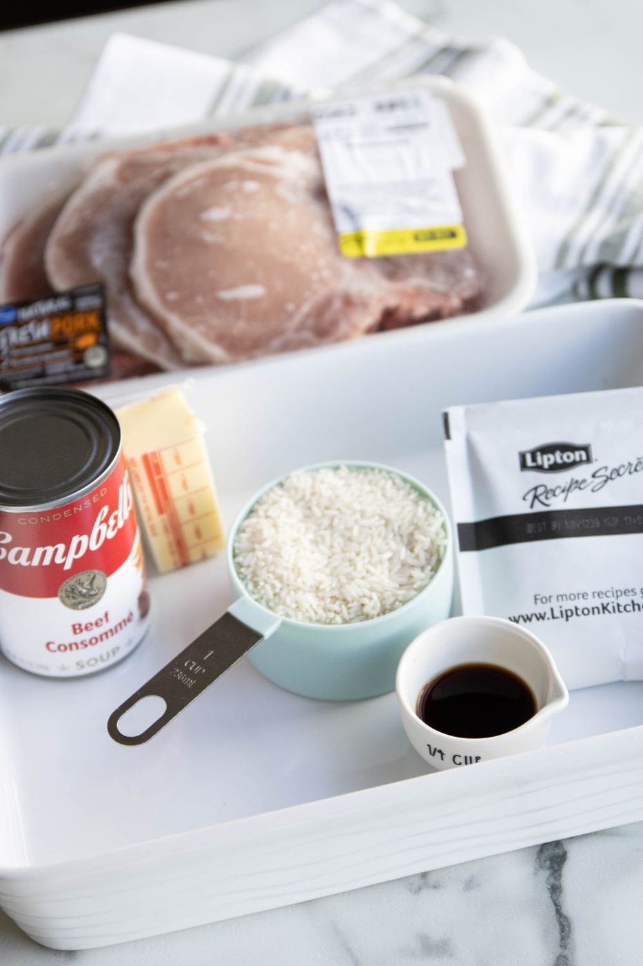 Ingredients for baked pork chops and rice casserole