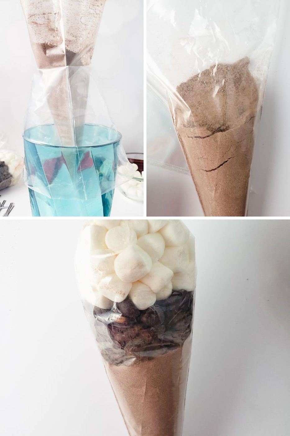 collage of filling a plastic cone bag with hot chocolate mix