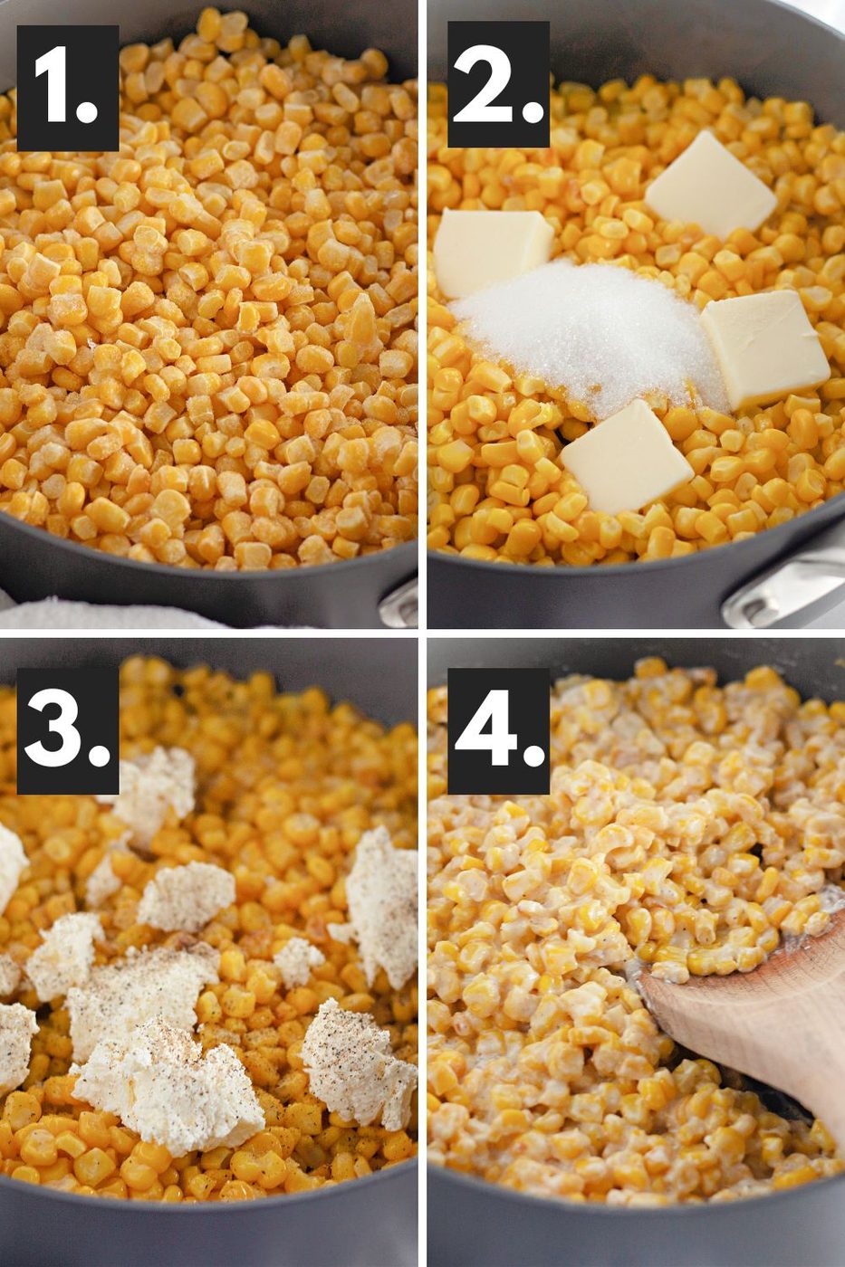 collage of how to cook skillet corn on the stovetop with steps on how it is made 