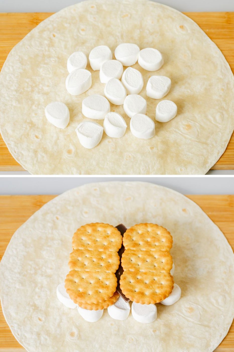 tortilla with marshmallows and crackers in center
