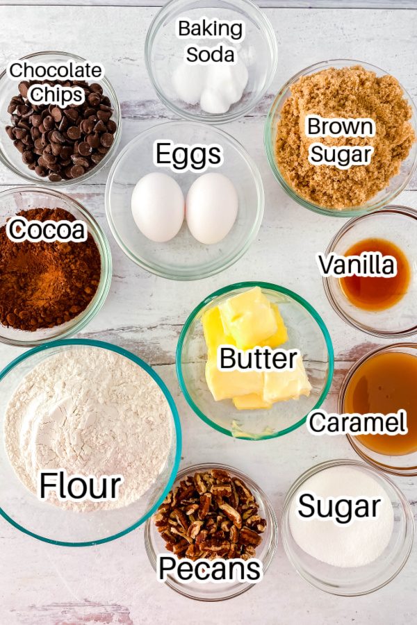 ingredients for turtle cookies on wooden table 