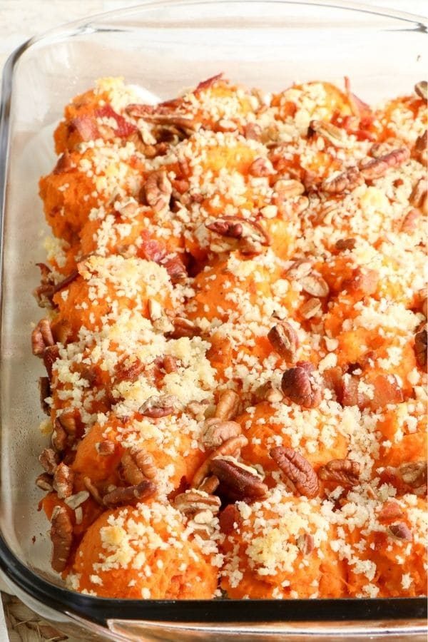 loaded sweet potato casserole in pan