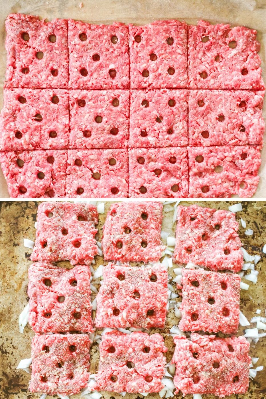 raw hamburger spread out with holes poked in it 