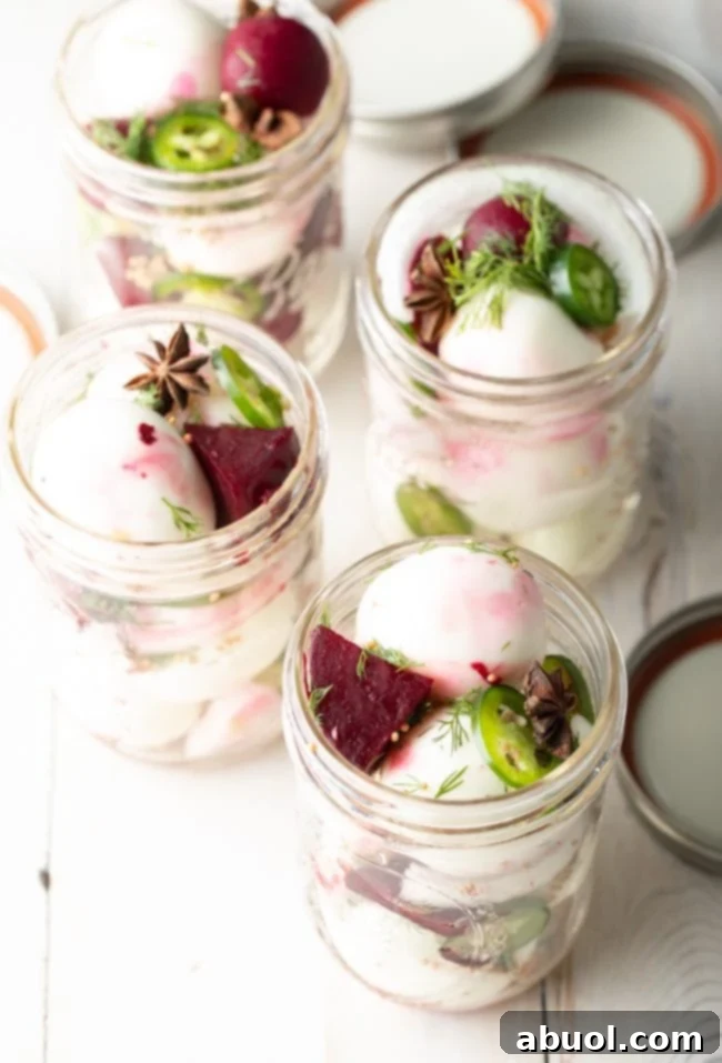 Four clear glass mason jars stand filled with neatly arranged hard-boiled eggs, vibrant chunks of beets, crisp sliced jalapenos, and fresh dill sprigs, ready for the pickling brine.
