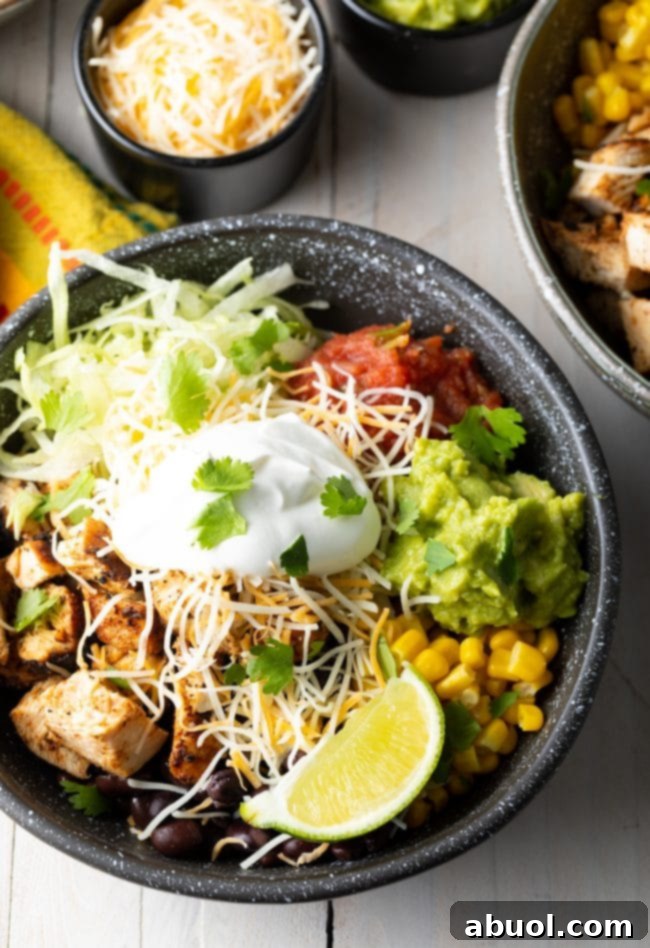 Homemade Chipotle Bowls - chicken chipotle burrito bowls close up view