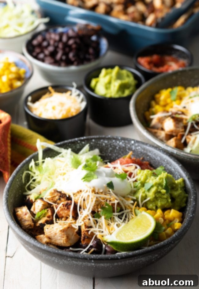Chipotle Bowl Meal Prep - chicken chipotle rice bowl with toppings