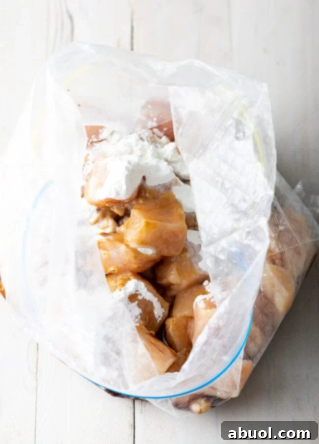 Chicken pieces and cornstarch being mixed in a plastic ziploc bag for marinade.