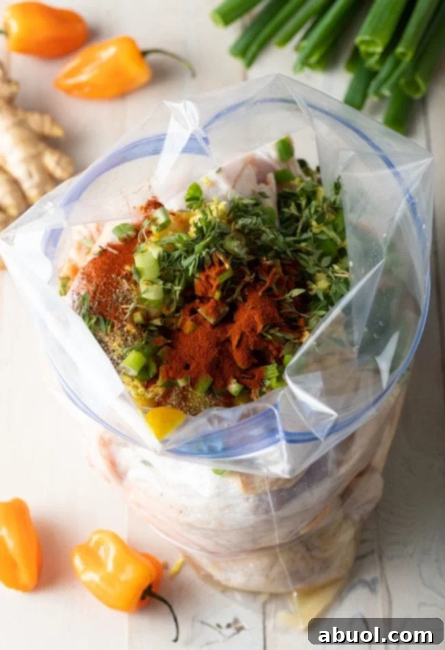 Chicken pieces marinating with spices in a plastic bag.